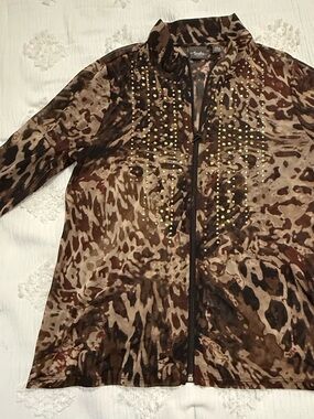 Brown Animal-Print Zip Front Utility Jacket with Stud Detail